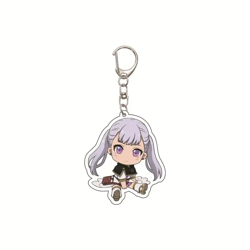 Silver-acrylic black clover asta keychain featuring a chibi anime character with lavender hair and black outfit with white trim