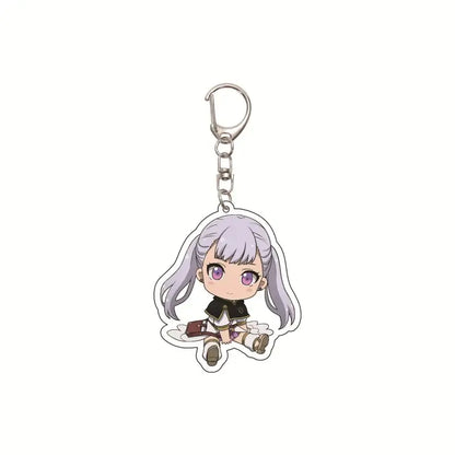 Silver-acrylic black clover asta keychain featuring a chibi anime character with lavender hair and black outfit with white trim