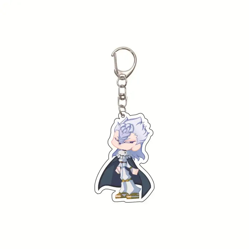 Silver-accented black clover asta acrylic keychain featuring chibi white-haired character with dark cape bag pendant