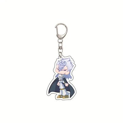 Silver-accented black clover asta acrylic keychain featuring chibi white-haired character with dark cape bag pendant