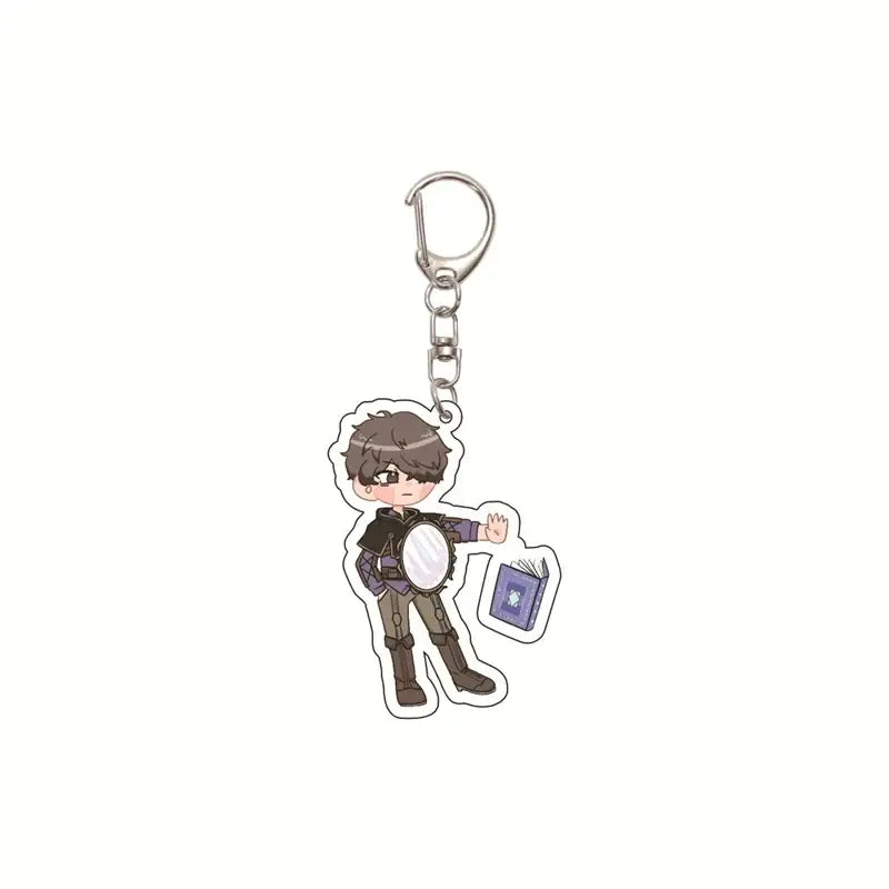 Clear acrylic black clover asta keychain featuring chibi brown hair character holding mirror and purple book