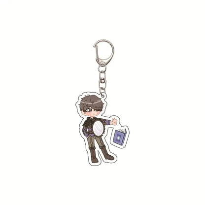 Clear acrylic black clover asta keychain featuring chibi brown hair character holding mirror and purple book