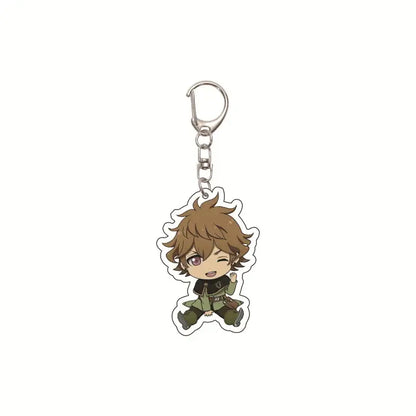 Black clover asta chibi acrylic keychain with brown spiky hair purple eyes and green armor bag pendant accessory