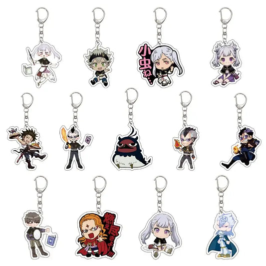 Set of twelve black clover asta acrylic keychains featuring chibi-style colorful figures with silver metal chains