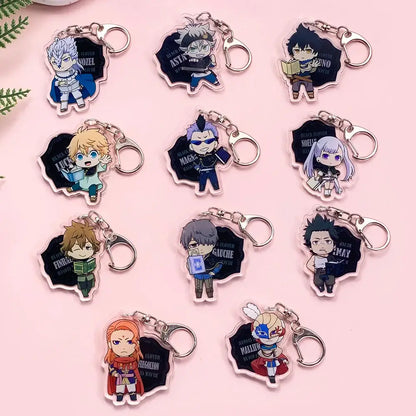 Chibi black clover asta acrylic keychains with detailed anime expressions and outfits on transparent bases for backpacks