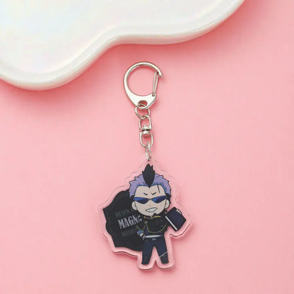 Clear acrylic black clover asta keychain featuring chibi character with spiky purple hair holding a book backpack charm