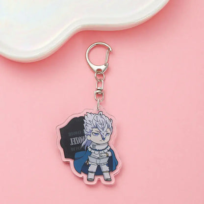 Clear acrylic black clover asta keychain featuring chibi white hair character with blue cape and silver armor backpack charm