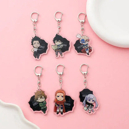 Set of six clear black clover asta acrylic keychains with pink outlines and silver clasps for cute backpack charms
