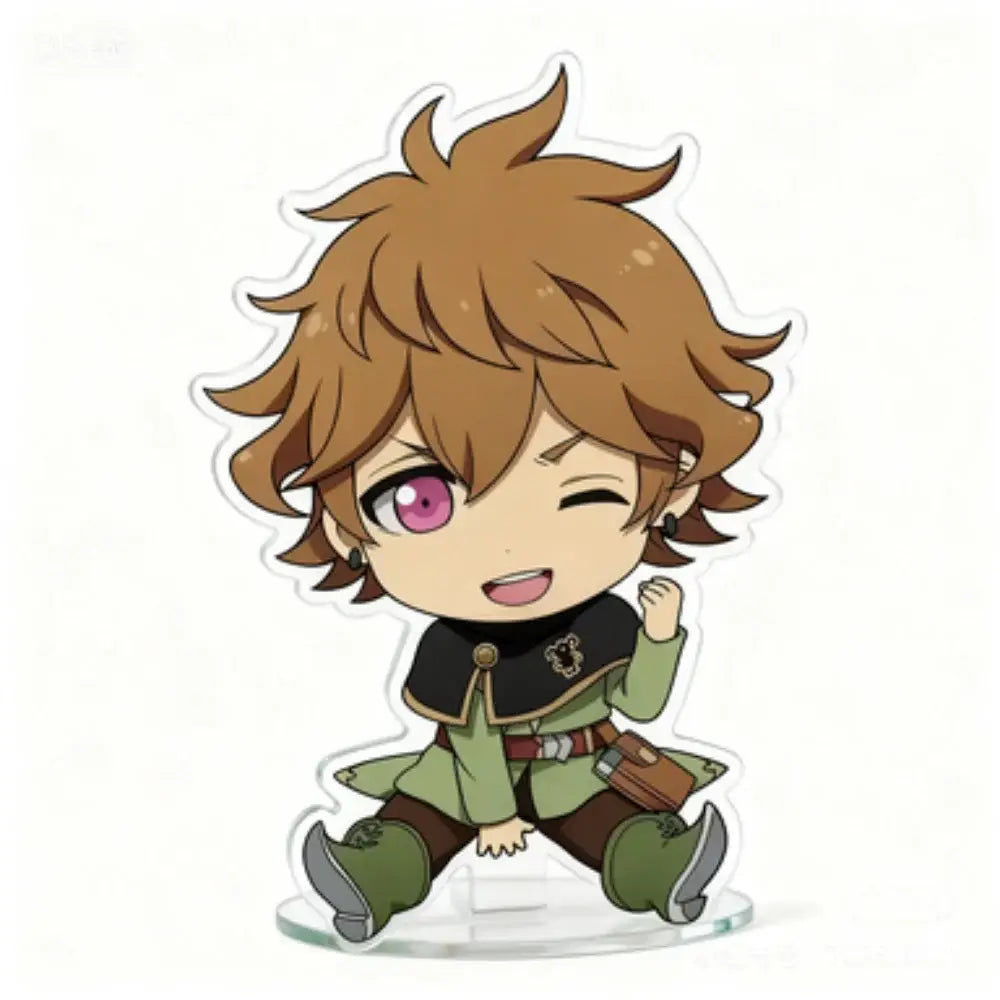 Black clover asta acrylic stand 10cm chibi figure of brown-haired anime character with pink eyes in green and black attire