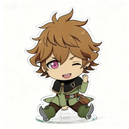 Black clover asta acrylic stand 10cm chibi figure of brown-haired anime character with pink eyes in green and black attire