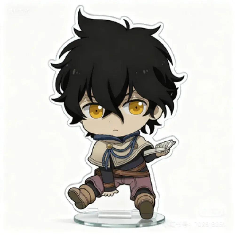 Black clover asta acrylic stand 10cm chibi figure featuring a black-haired anime character with golden eyes in beige and blue attire
