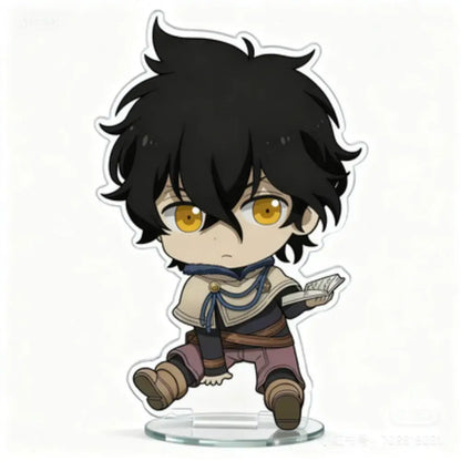 Black clover asta acrylic stand 10cm chibi figure featuring a black-haired anime character with golden eyes in beige and blue attire