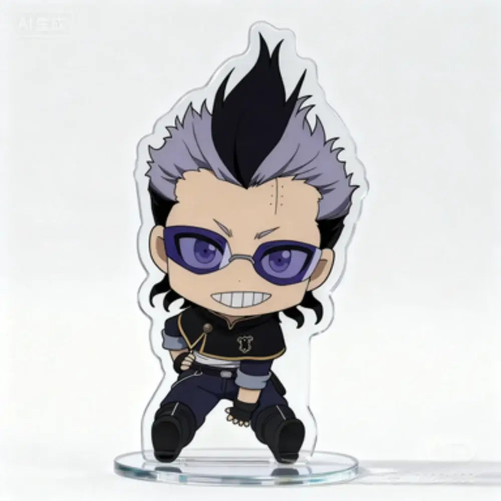 Clear acrylic black clover asta acrylic stand 10cm chibi figure with spiky hair purple glasses and gold trim uniform
