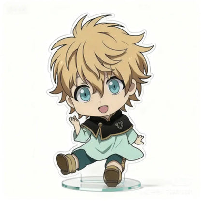 Black clover asta acrylic stand 10cm chibi figure of blonde anime character with blue eyes in light green tunic