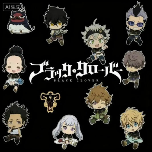 Black clover asta acrylic stand 10cm chibi figure with black clover chibi character pins arranged in a circular pattern