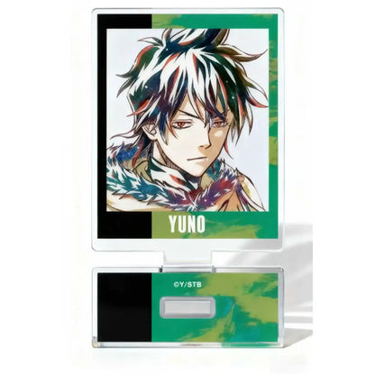 Clear acrylic asta acrylic stand featuring vibrant yuno anime illustration with multicolored hair and fur collar border