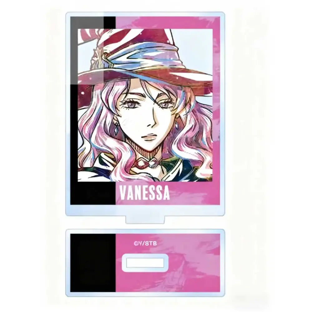 Pink and white illustrated vanessa character card with red striped hat for black clover asta acrylic stand desk decor