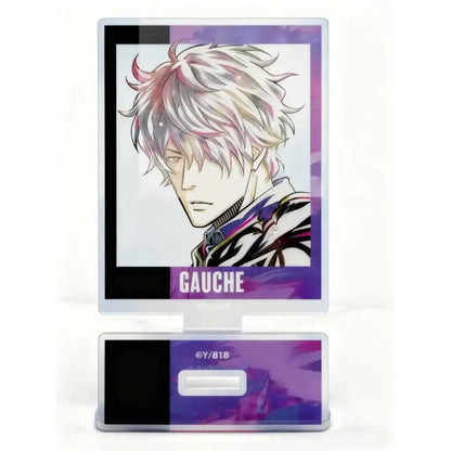 Clear acrylic asta acrylic stand featuring black clover asta with white and pink hair on a purple gradient background