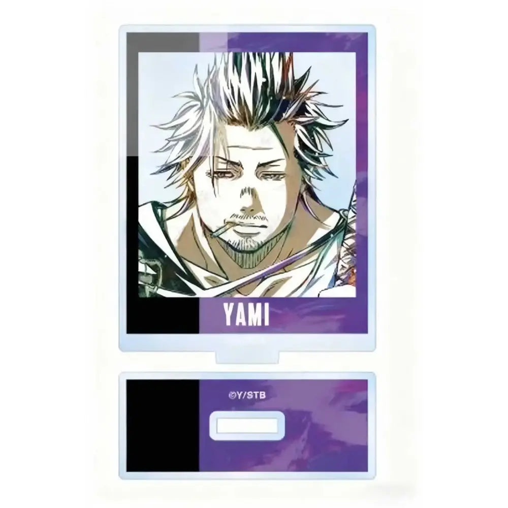 Purple and white black clover asta acrylic stand featuring spiky silver hair anime character with cigarette and yami name
