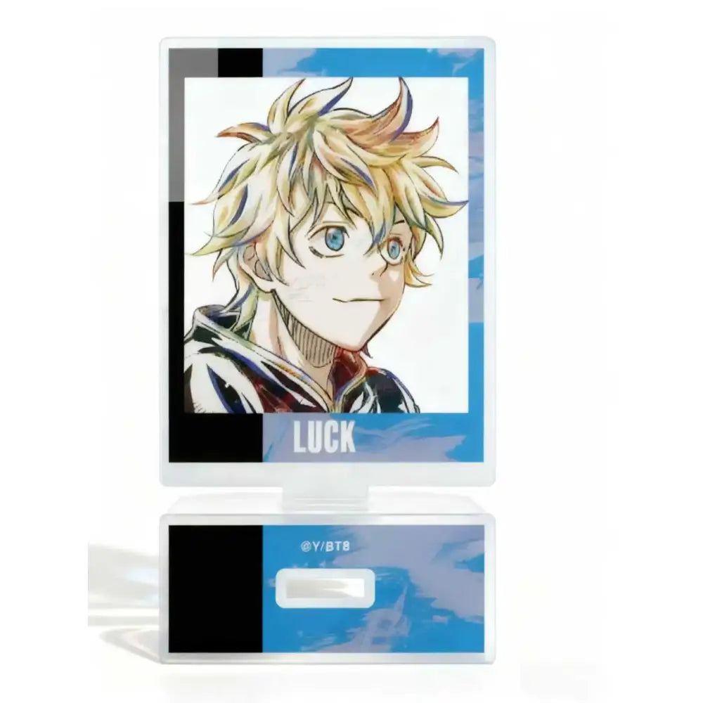 Clear plastic asta acrylic stand featuring black clover asta with spiky blonde hair on a luck card background