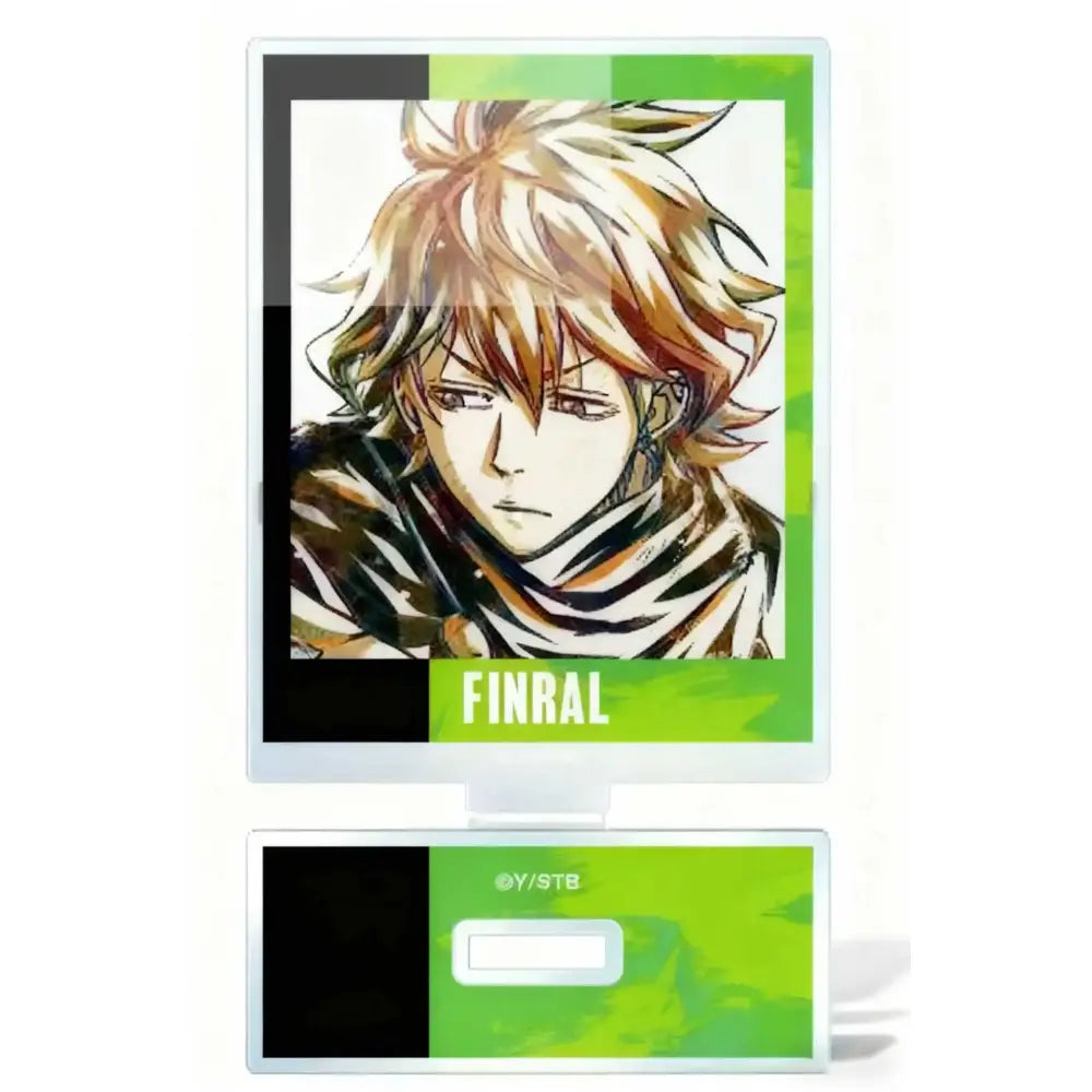 Clear acrylic asta acrylic stand featuring anime character with spiky blonde hair and striped scarf for desk decor