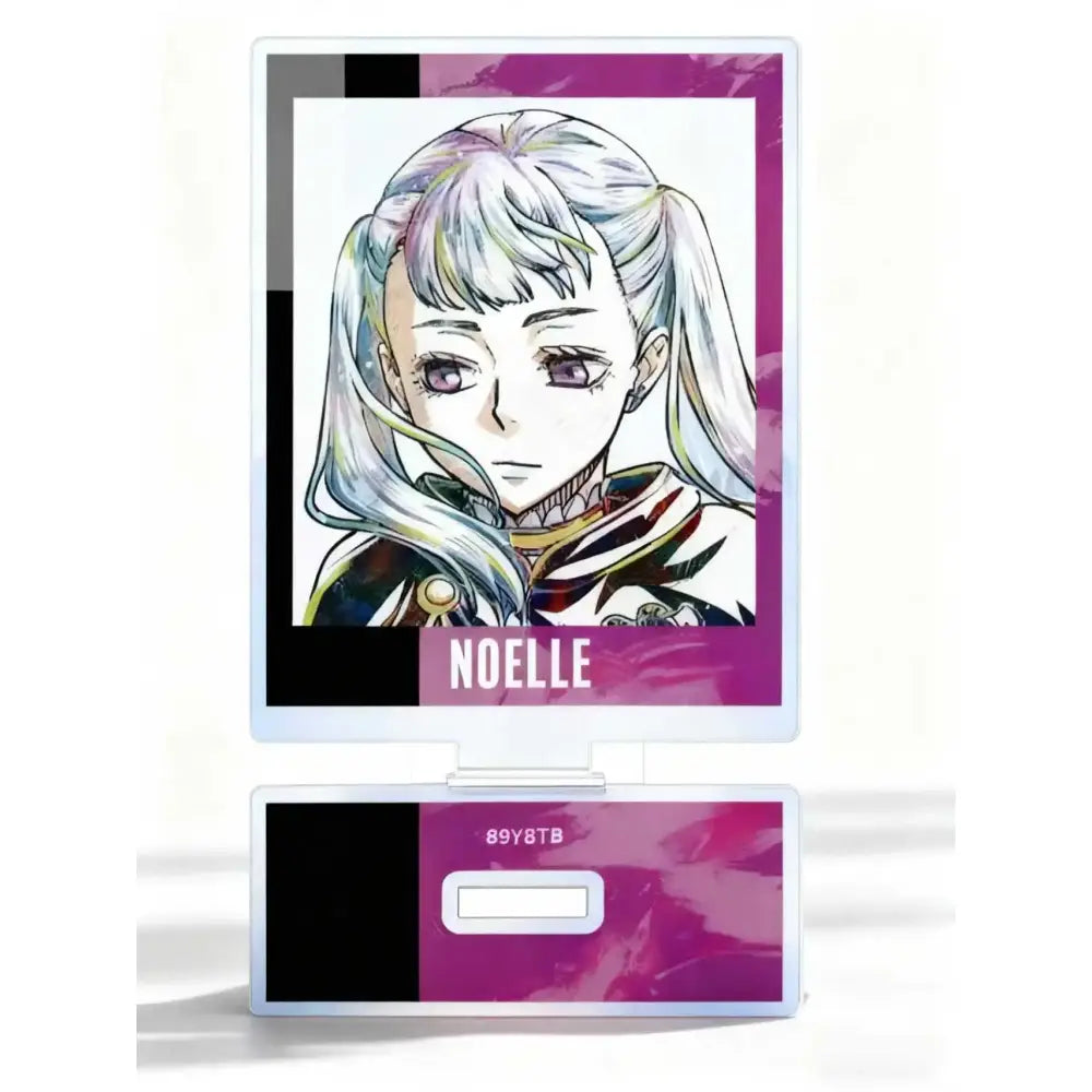 Purple and black acrylic stand featuring noelle from demon slayer with silver hair as clover asta acrylic desk decor
