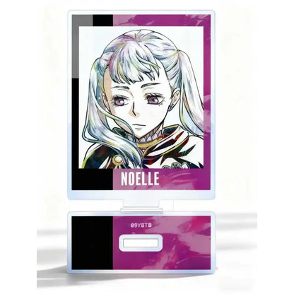 Purple and black acrylic stand featuring noelle from demon slayer with silver hair as clover asta acrylic desk decor