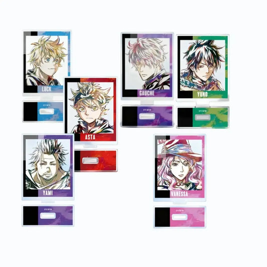 Set of six colorful black clover asta acrylic stands featuring vibrant anime portraits on 10cm acrylic desk decor