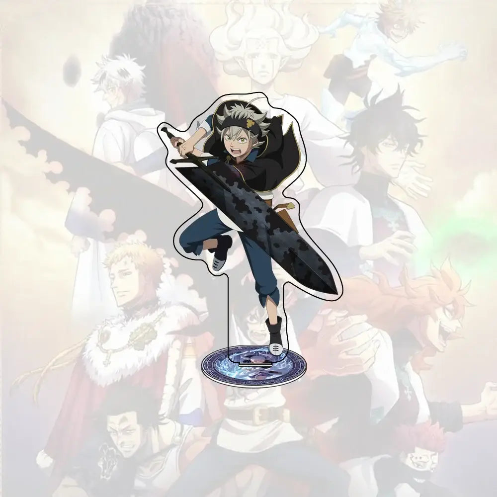 Black clover asta acrylic stand in black and silver with dynamic pose holding large sword 15cm desk decor