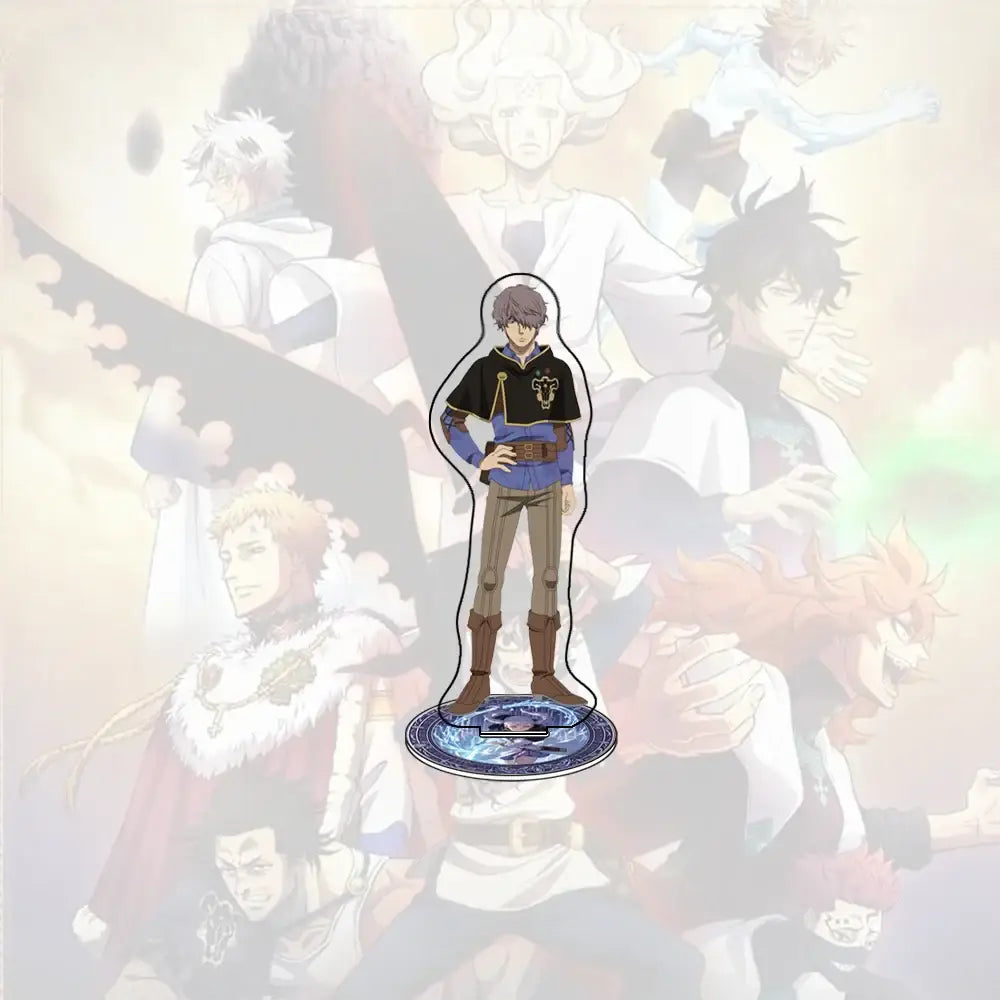 Clear acrylic stand featuring black clover asta in black and blue outfit with gold trim 15cm acrylic stand decor