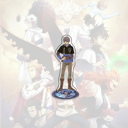 Clear acrylic stand featuring black clover asta in black and blue outfit with gold trim 15cm acrylic stand decor