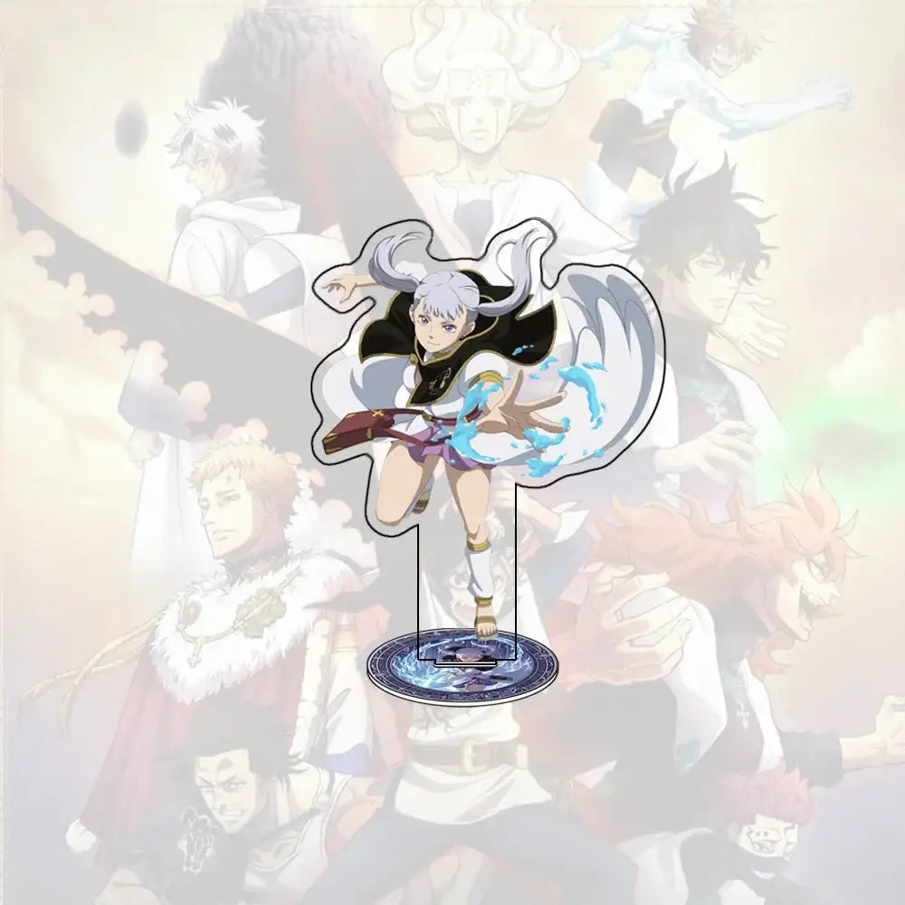 Clear acrylic stand of black clover asta with white hair black and purple attire holding a glowing blue weapon 15cm desk decor
