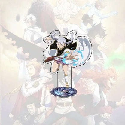 Clear acrylic stand of black clover asta with white hair black and purple attire holding a glowing blue weapon 15cm desk decor