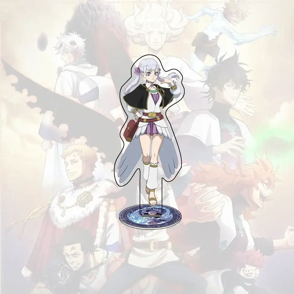 Clear acrylic stand featuring white-haired anime girl in black and purple outfit on ornate blue base for black clover asta desk decor