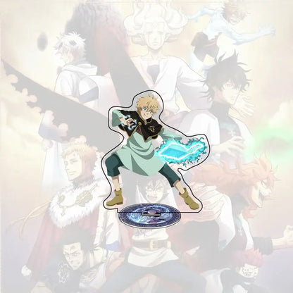 Translucent acrylic stand of black clover asta with blonde hair in green and black outfit wielding glowing blue energy