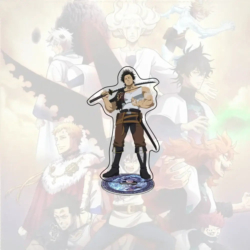 Black clover asta acrylic stand featuring a black and brown anime character with a detailed sword base design