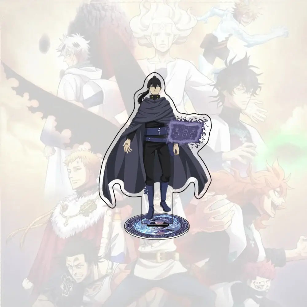 Black clover asta acrylic stand featuring black and purple cape, detailed belt, on ornate circular base for desk decor