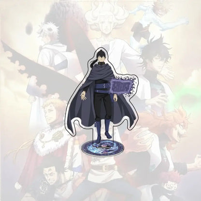 Black clover asta acrylic stand featuring black and purple cape, detailed belt, on ornate circular base for desk decor