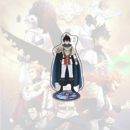 Blue and gold armored black clover asta acrylic stand with cape on 15cm acrylic desk decor base
