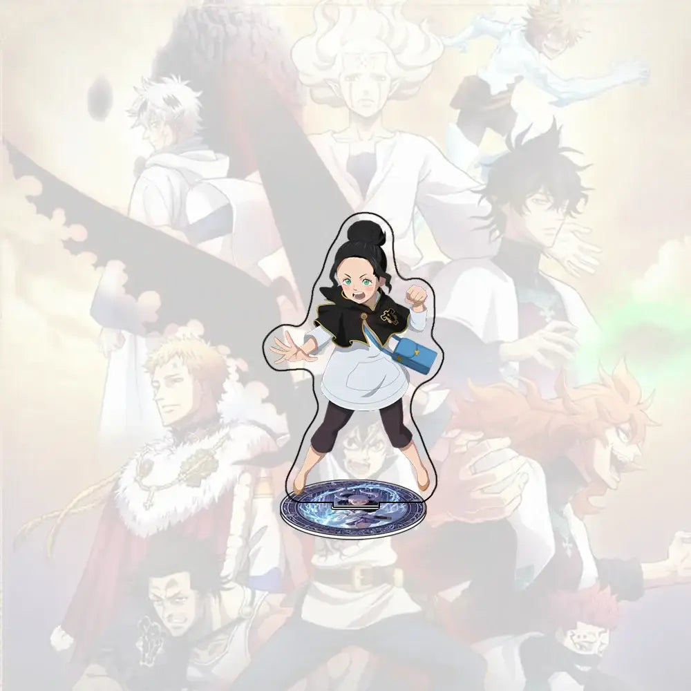 Black clover asta acrylic stand featuring a black and white design with blue bag on a detailed circular base