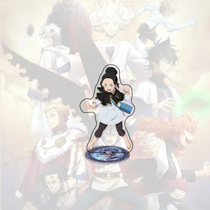 Black clover asta acrylic stand featuring a black and white design with blue bag on a detailed circular base