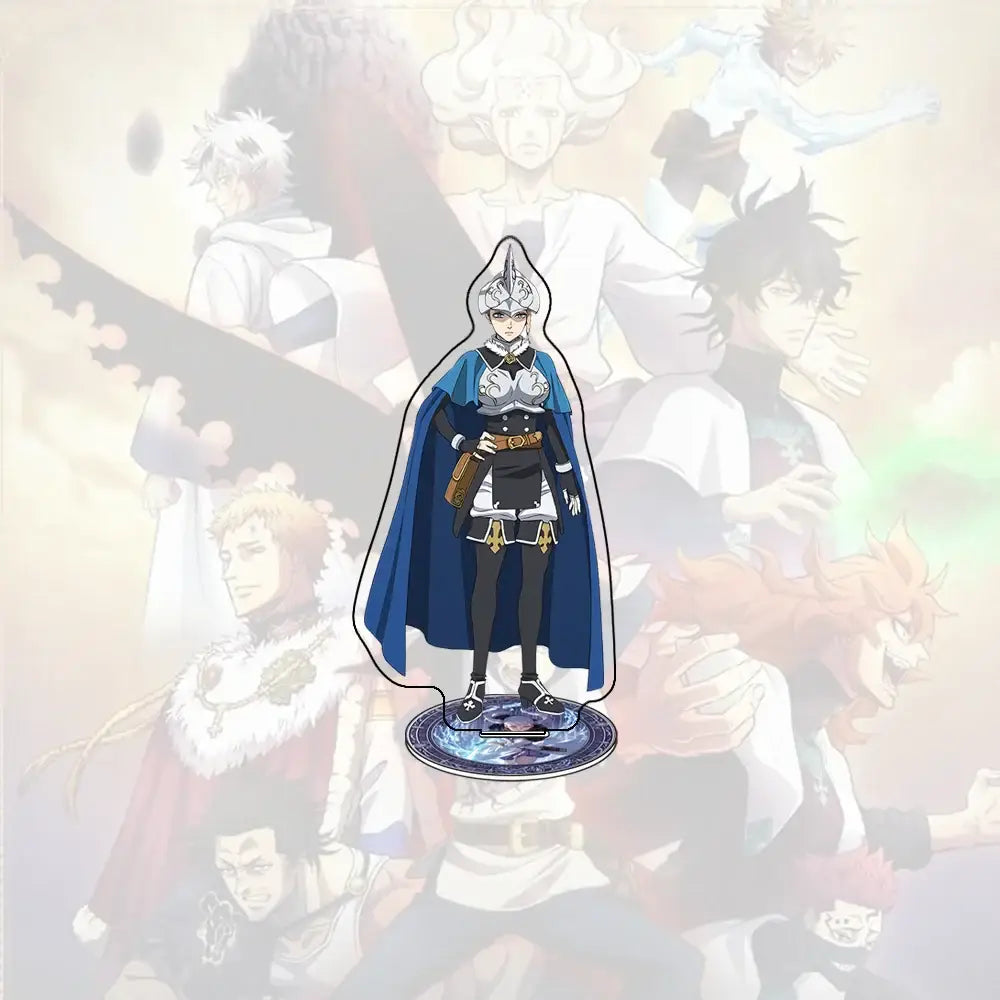 Blue and silver armored black clover asta acrylic stand with cape on ornate circular base for desk decor
