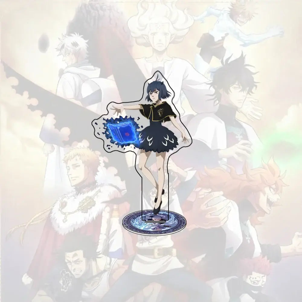 Black clover asta acrylic stand featuring black and gold design with glowing blue cube for desk decor 15cm tall