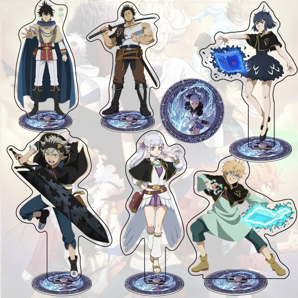 Black clover asta acrylic stand featuring a black and white design with silver accents and a glowing blue orb on acrylic desk decor
