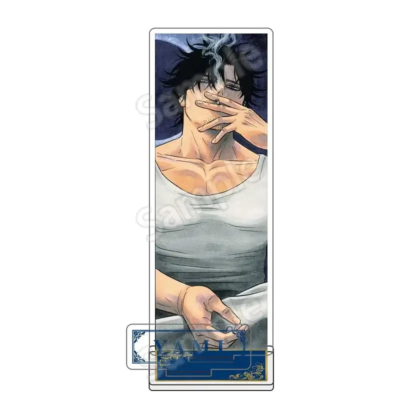 Clear acrylic black clover asta acrylic stand featuring a dark-haired character in a white tank top holding smoke near face