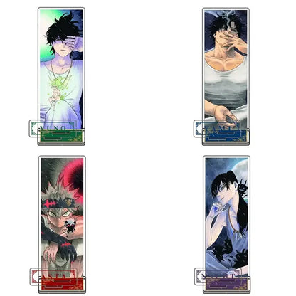 Four black clover asta acrylic stands featuring distinct colorful anime characters in 15cm vertical acrylic stand designs