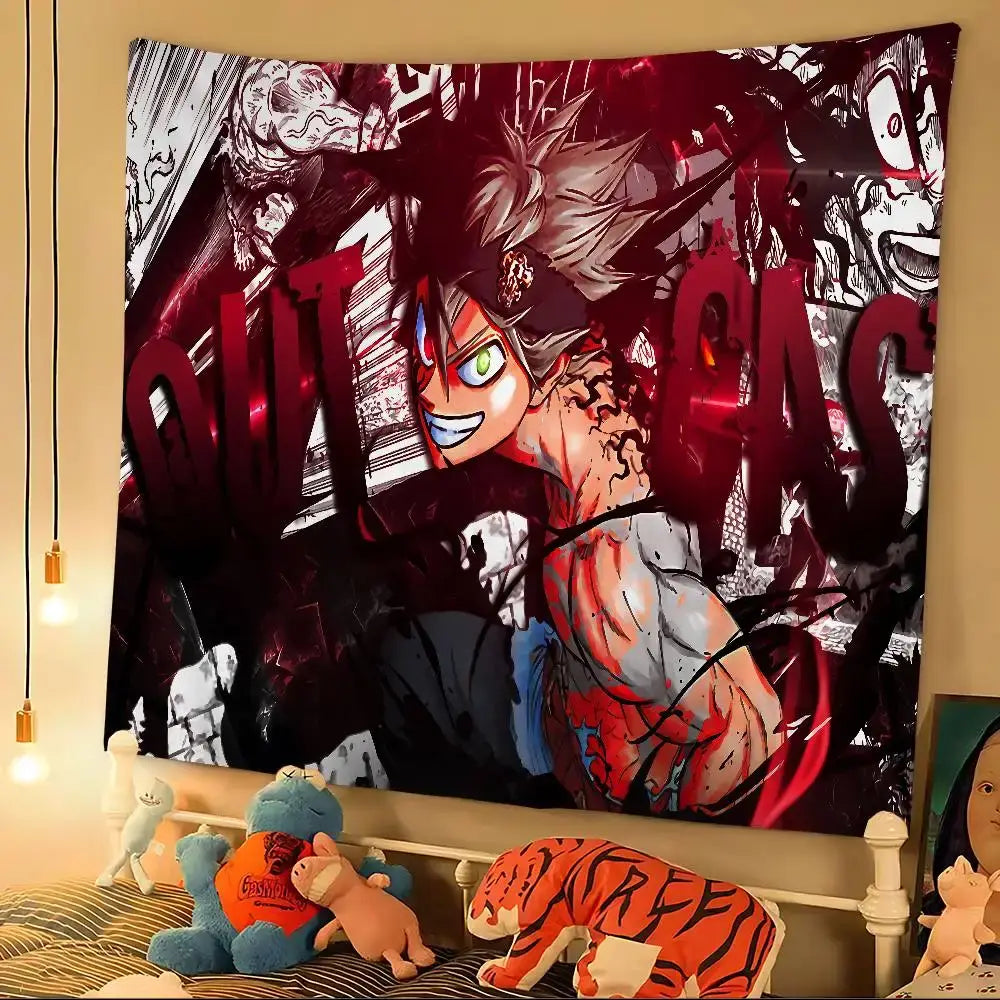 Vibrant red and black black clover asta bohemian wall hanging tapestry featuring dynamic spiky hair character