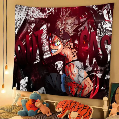 Vibrant red and black black clover asta bohemian wall hanging tapestry featuring dynamic spiky hair character
