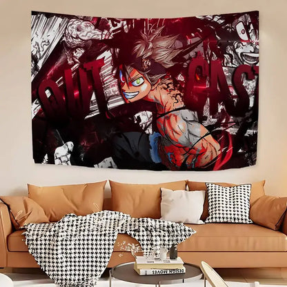 A vibrant red and black black clover asta bohemian tapestry wall hanging with dynamic spiky hair character and green eyes