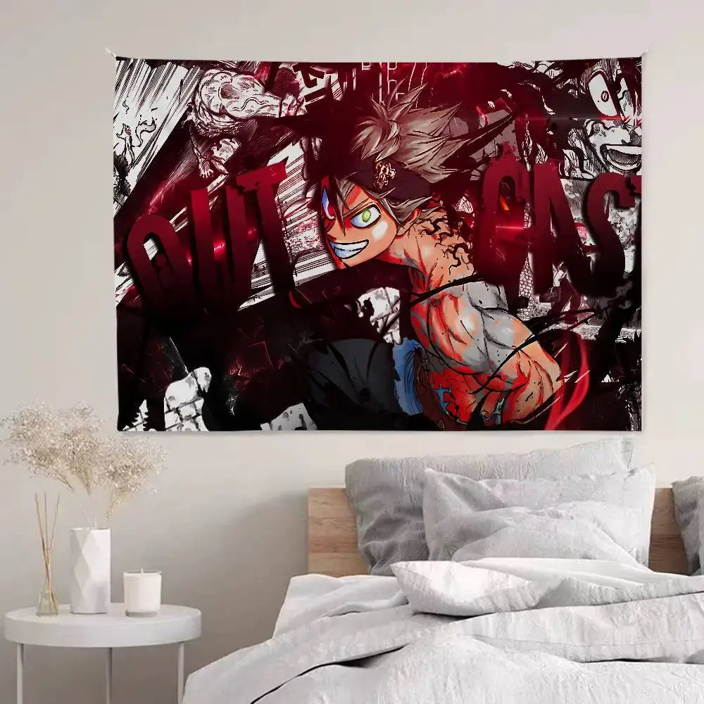 Vibrant red and black clover asta bohemian wall hanging tapestry featuring dynamic character with intense green eyes